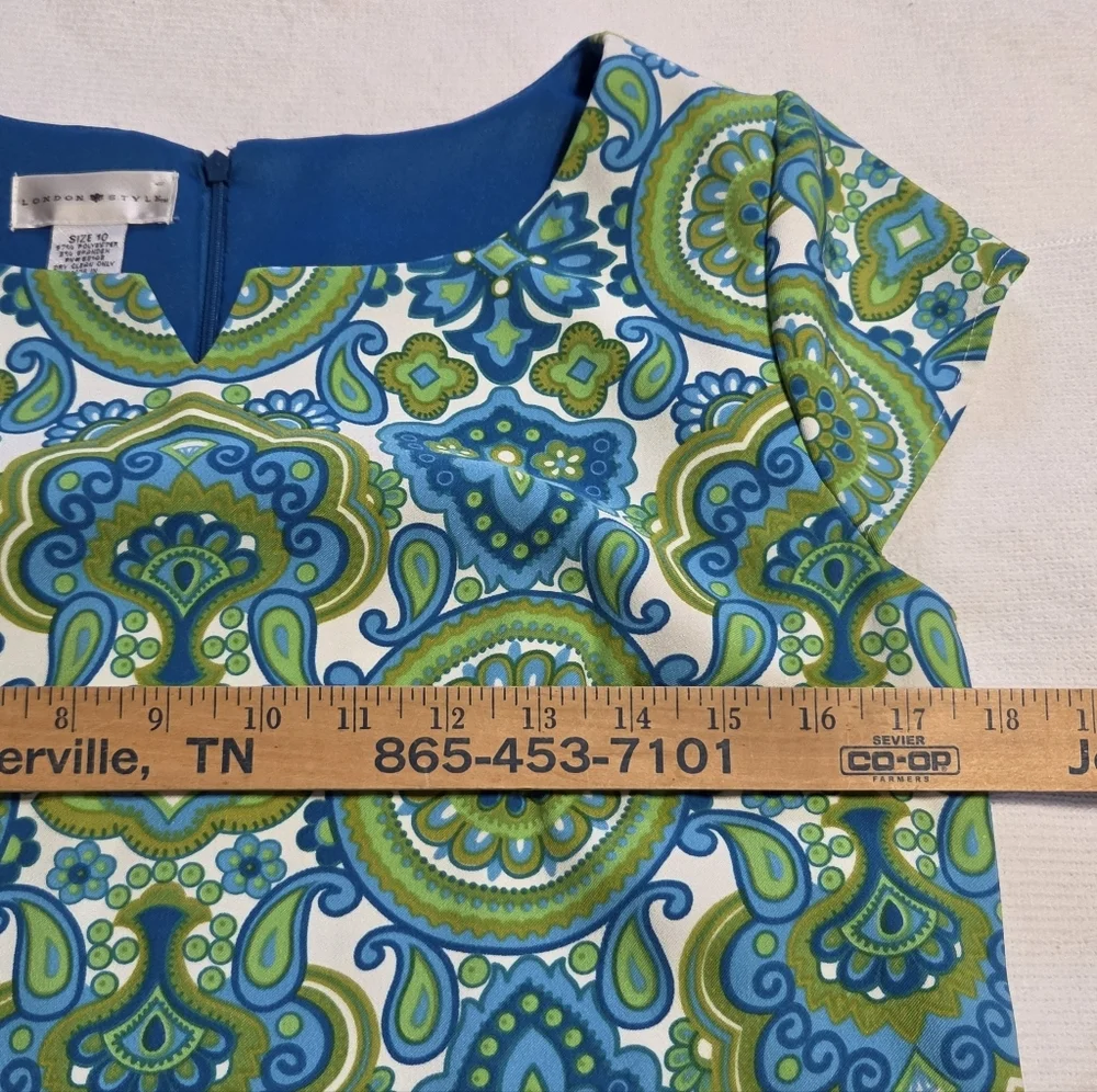 London Style Vibrant Blue & Green Paisley Cap-Sleeve Sheath Dress - Picture 4 of 6